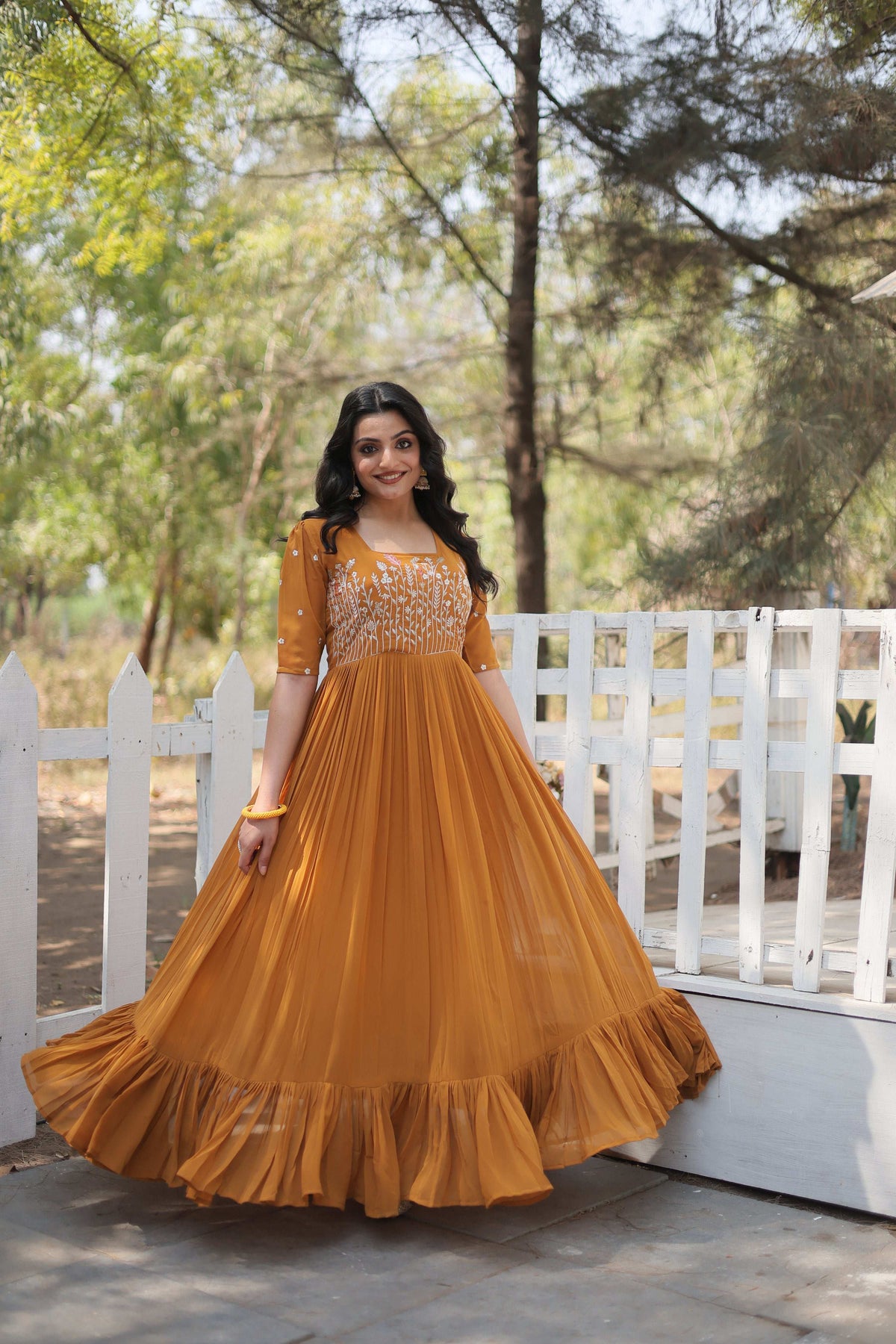 Jyoti Fashion Women's Mustard Faux Georgette Sequins with Zari Embroidered Long Anarkali Dress | Grocsy