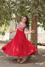 Jyoti Fashion Women's Red Faux Blooming Sequins with Zari Embroidered Long Anarkali Dress | Grocsy
