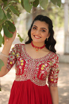 Jyoti Fashion Women's Red Faux Blooming Sequins with Zari Embroidered Long Anarkali Dress | Grocsy