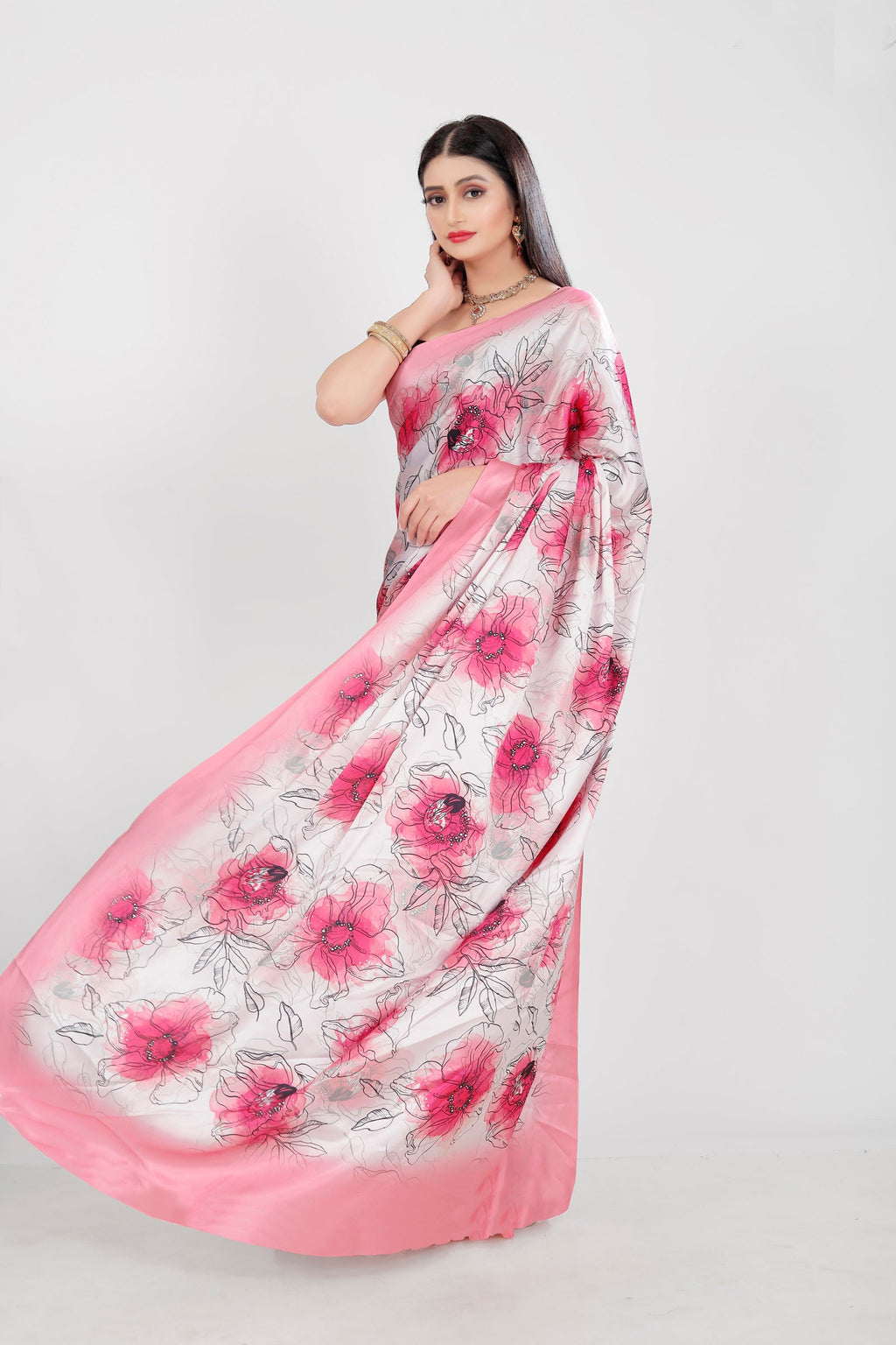 Jyoti Fashion Women's Multicolor Pure Japan Satin Digital Printed Designer Saree with Blouse | Grocsy