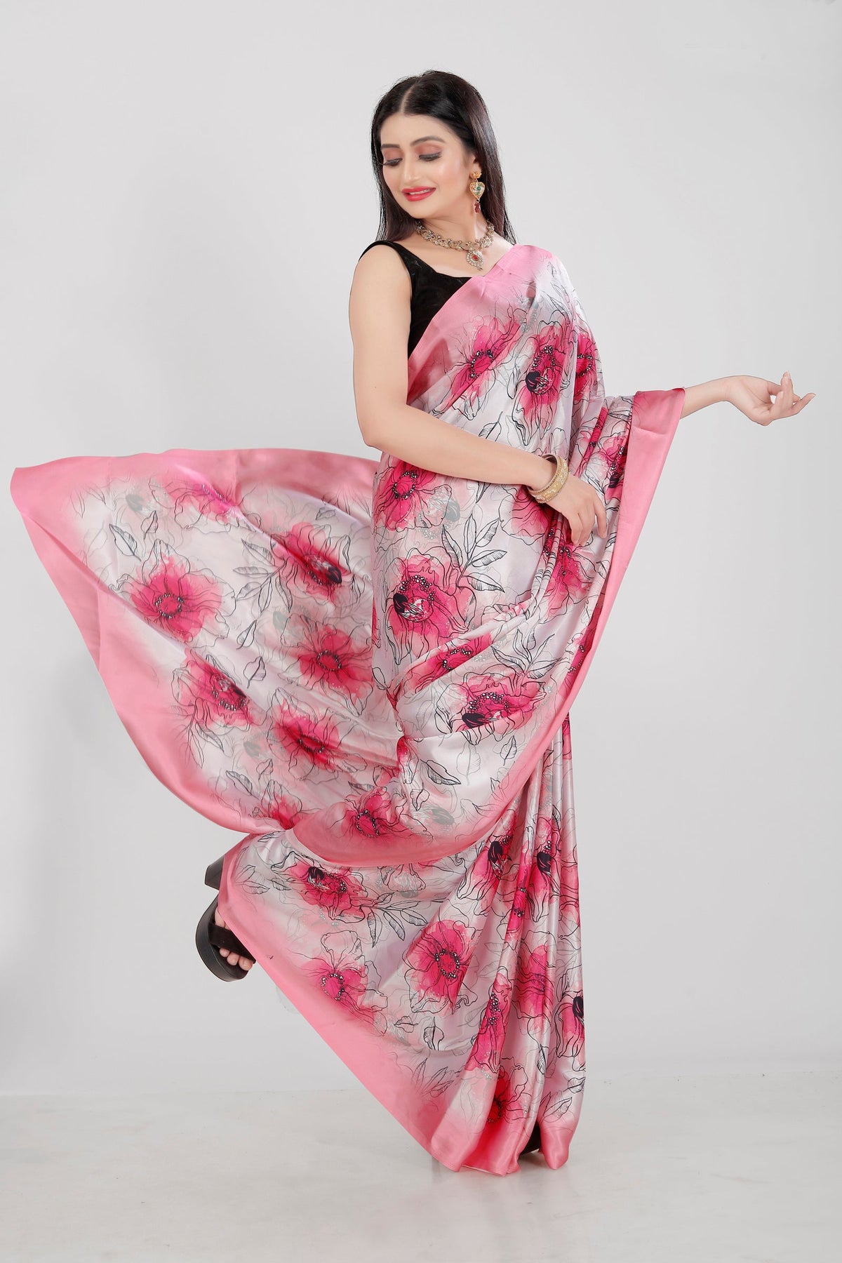 Jyoti Fashion Women's Multicolor Pure Japan Satin Digital Printed Designer Saree with Blouse | Grocsy