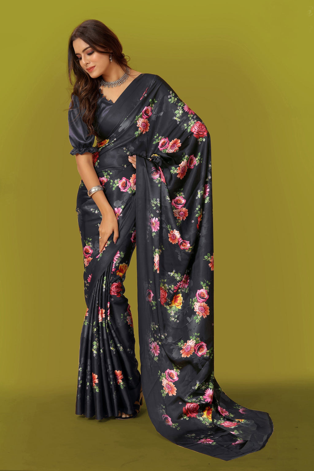 Jyoti Fashion Women's Multicolor Pure Japan Satin Digital Printed Designer Saree with Blouse | Grocsy