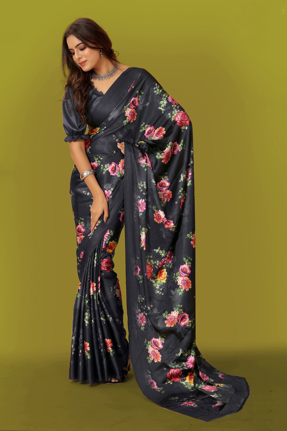Jyoti Fashion Women's Multicolor Pure Japan Satin Digital Printed Designer Saree with Blouse | Grocsy