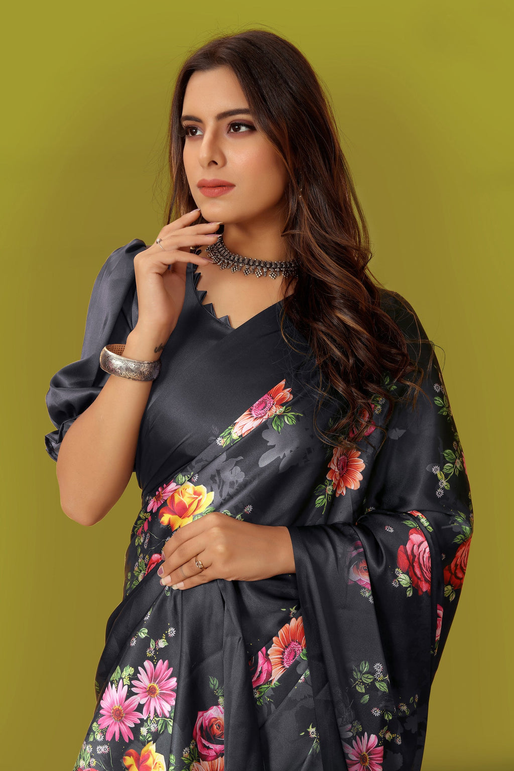 Jyoti Fashion Women's Multicolor Pure Japan Satin Digital Printed Designer Saree with Blouse | Grocsy