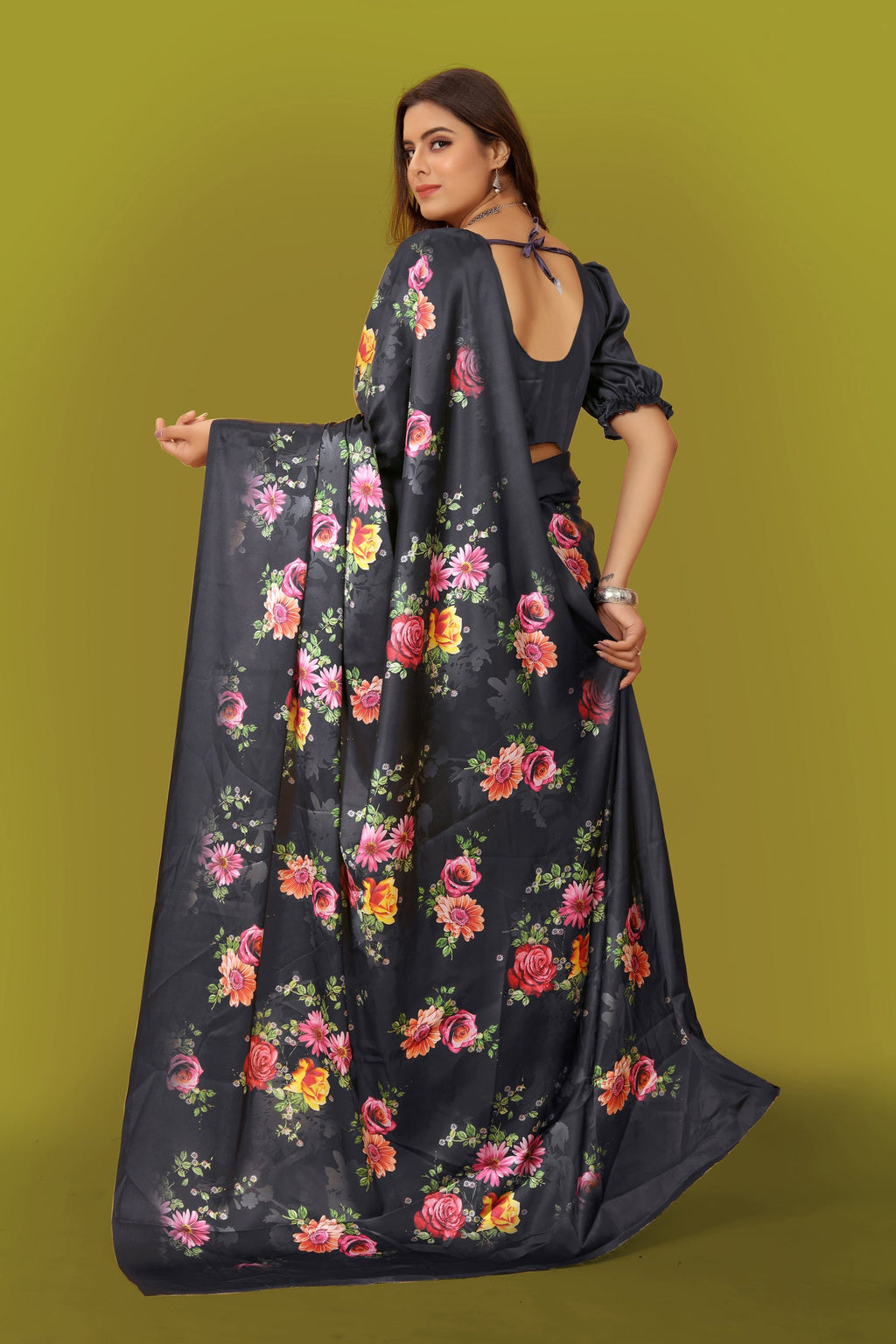 Jyoti Fashion Women's Multicolor Pure Japan Satin Digital Printed Designer Saree with Blouse | Grocsy