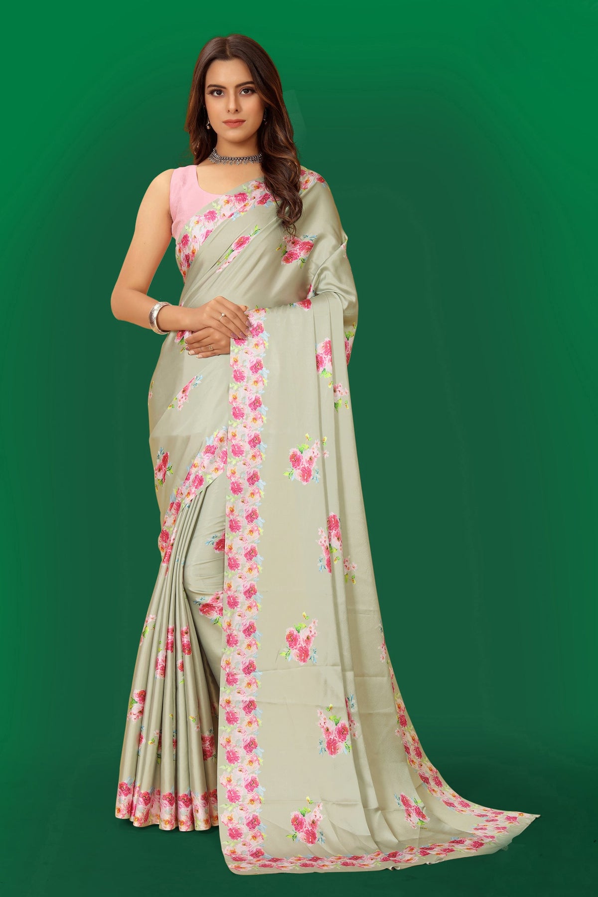 Jyoti Fashion Women's Multicolor Pure Japan Satin Digital Printed Designer Saree with Blouse | Grocsy
