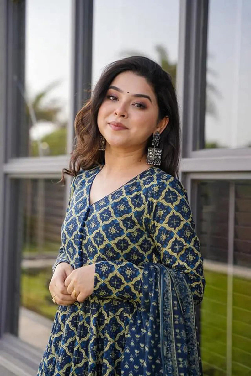 Jyoti Fashion Women's Blue Cotton Silk Heavy Digital Printed Kurta Set | Grocsy