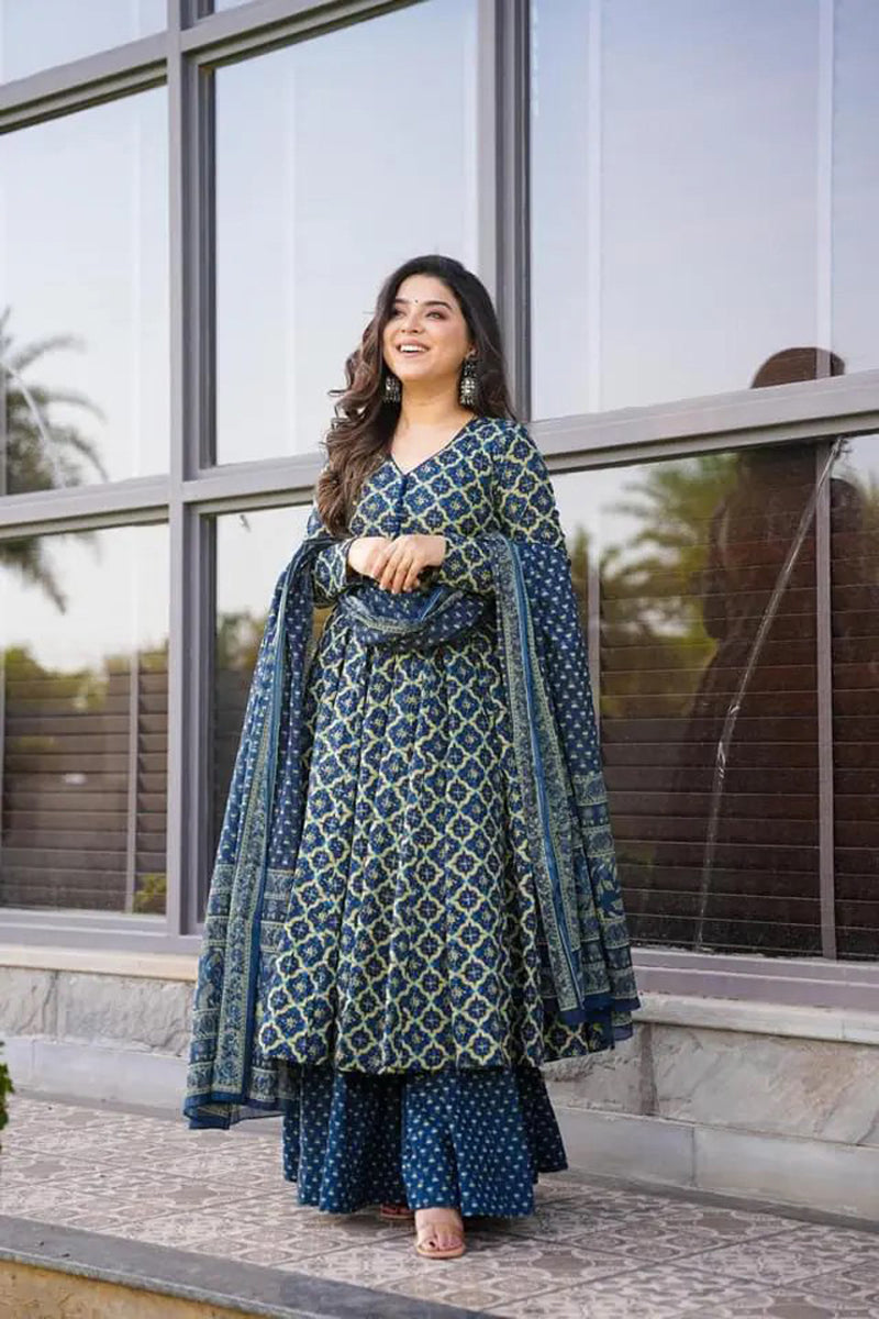Jyoti Fashion Women's Blue Cotton Silk Heavy Digital Printed Kurta Set | Grocsy