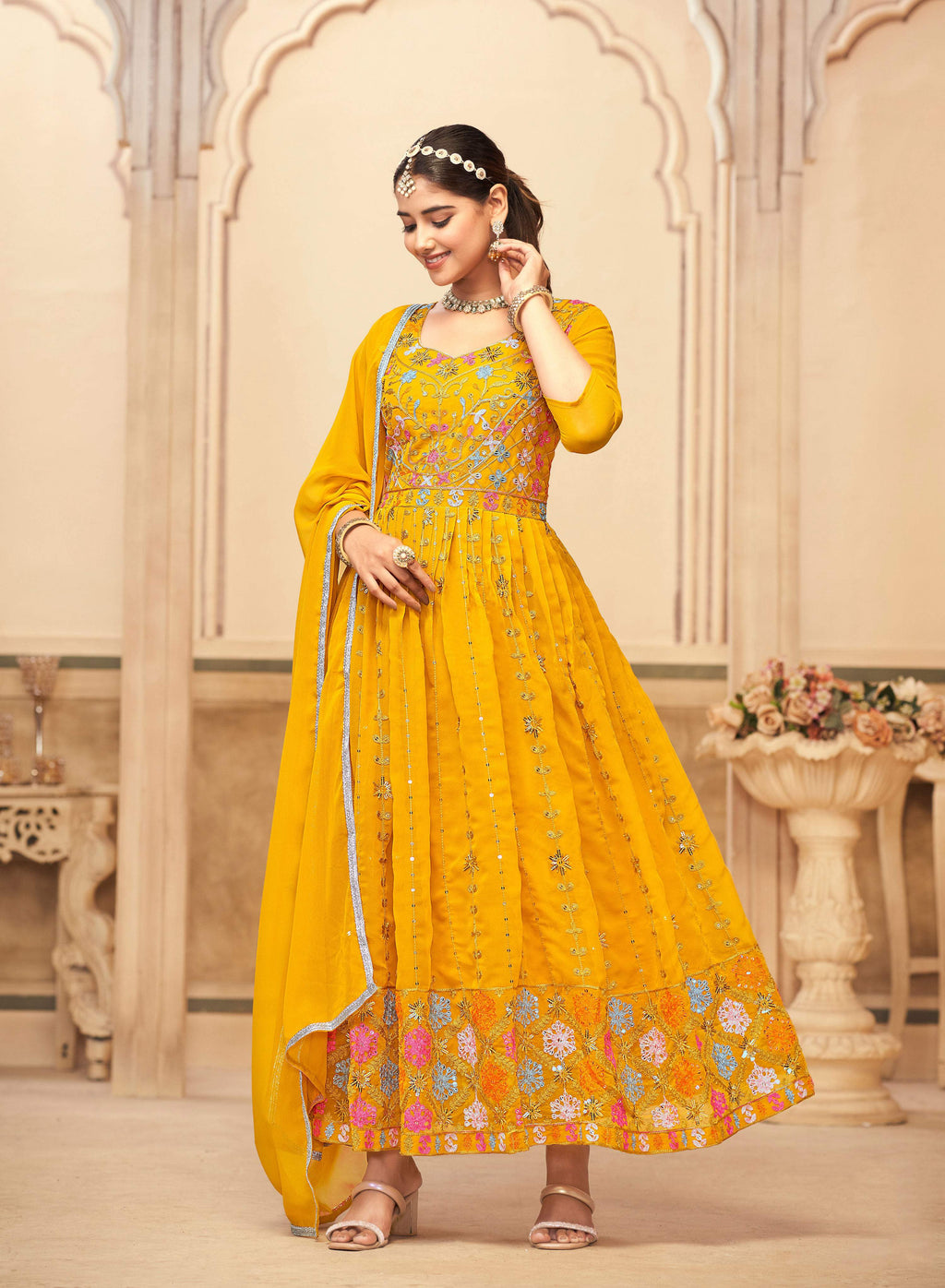 Jyoti Fashion Women's Mustard Faux Georgette Heavy Embroidered Kurta Set | Grocsy