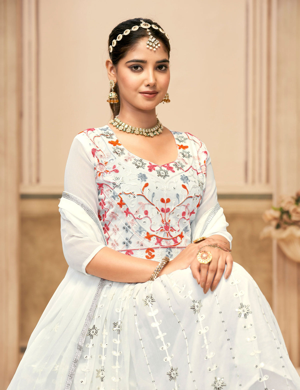 Jyoti Fashion Women's White Faux Georgette Heavy Embroidered Kurta Set | Grocsy