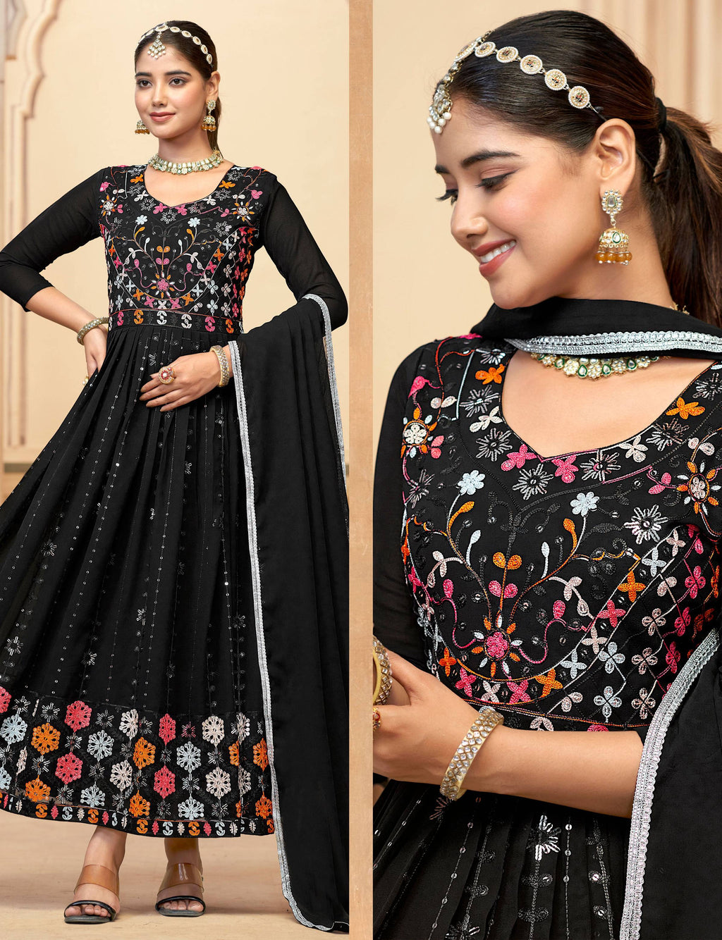Jyoti Fashion Women's Black Faux Georgette Heavy Embroidered Kurta Set | Grocsy