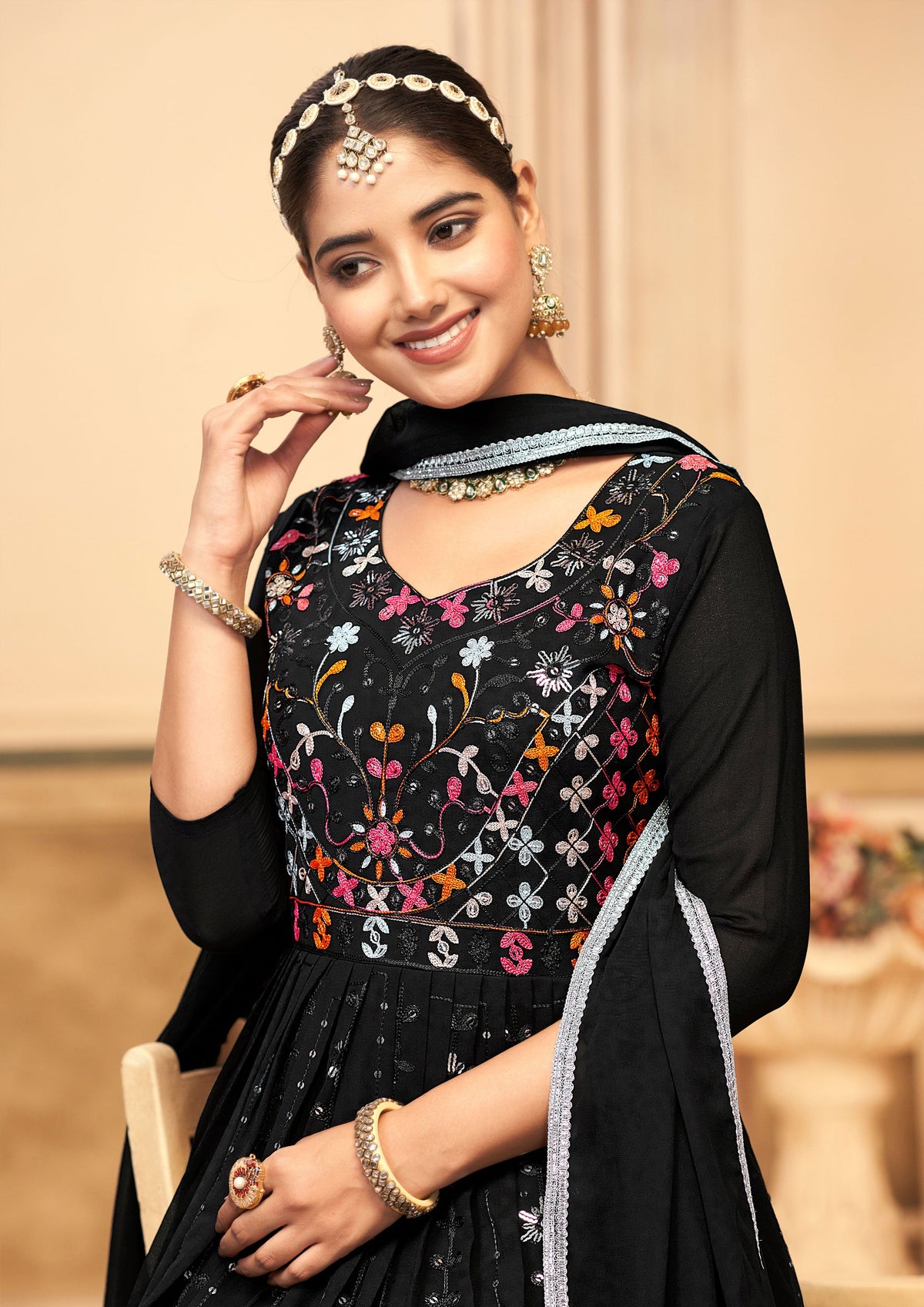 Jyoti Fashion Women's Black Faux Georgette Heavy Embroidered Kurta Set | Grocsy