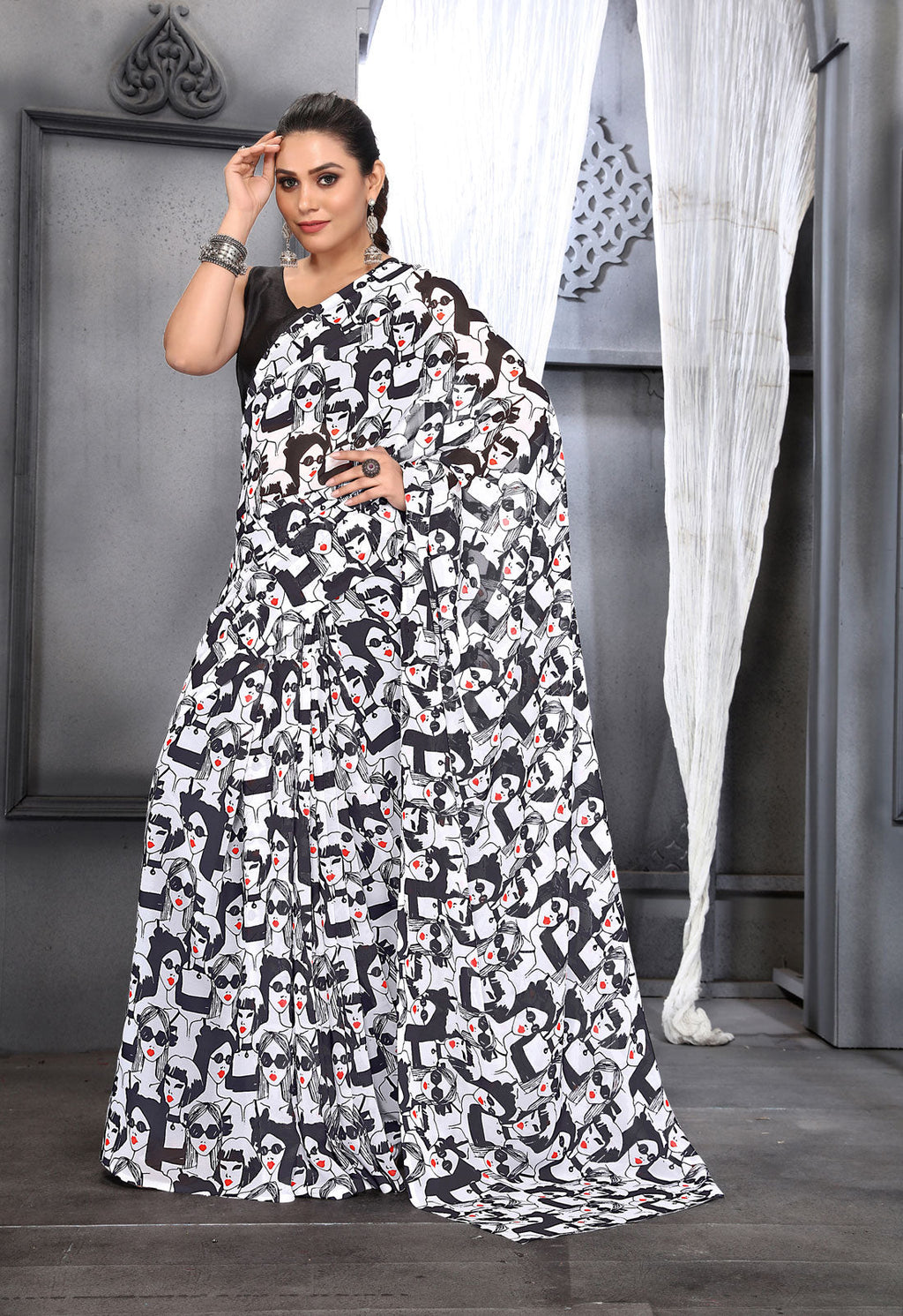 Jyoti Fashion Women's Black Faux Georgette Digital Printed Designer Saree with Blouse | Grocsy