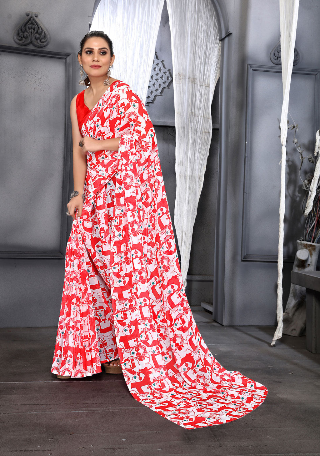 Jyoti Fashion Women's Red Faux Georgette Digital Printed Designer Saree with Blouse | Grocsy