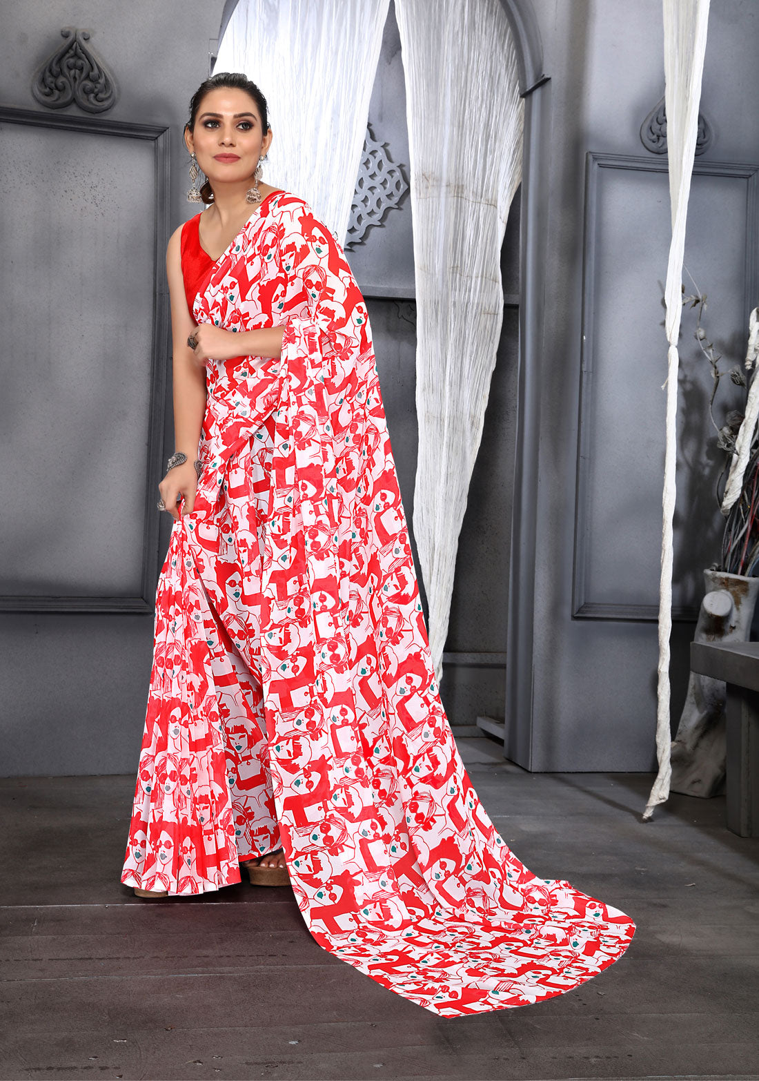 Jyoti Fashion Women's Red Faux Georgette Digital Printed Designer Saree with Blouse | Grocsy