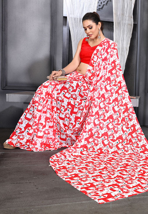 Jyoti Fashion Women's Red Faux Georgette Digital Printed Designer Saree with Blouse | Grocsy