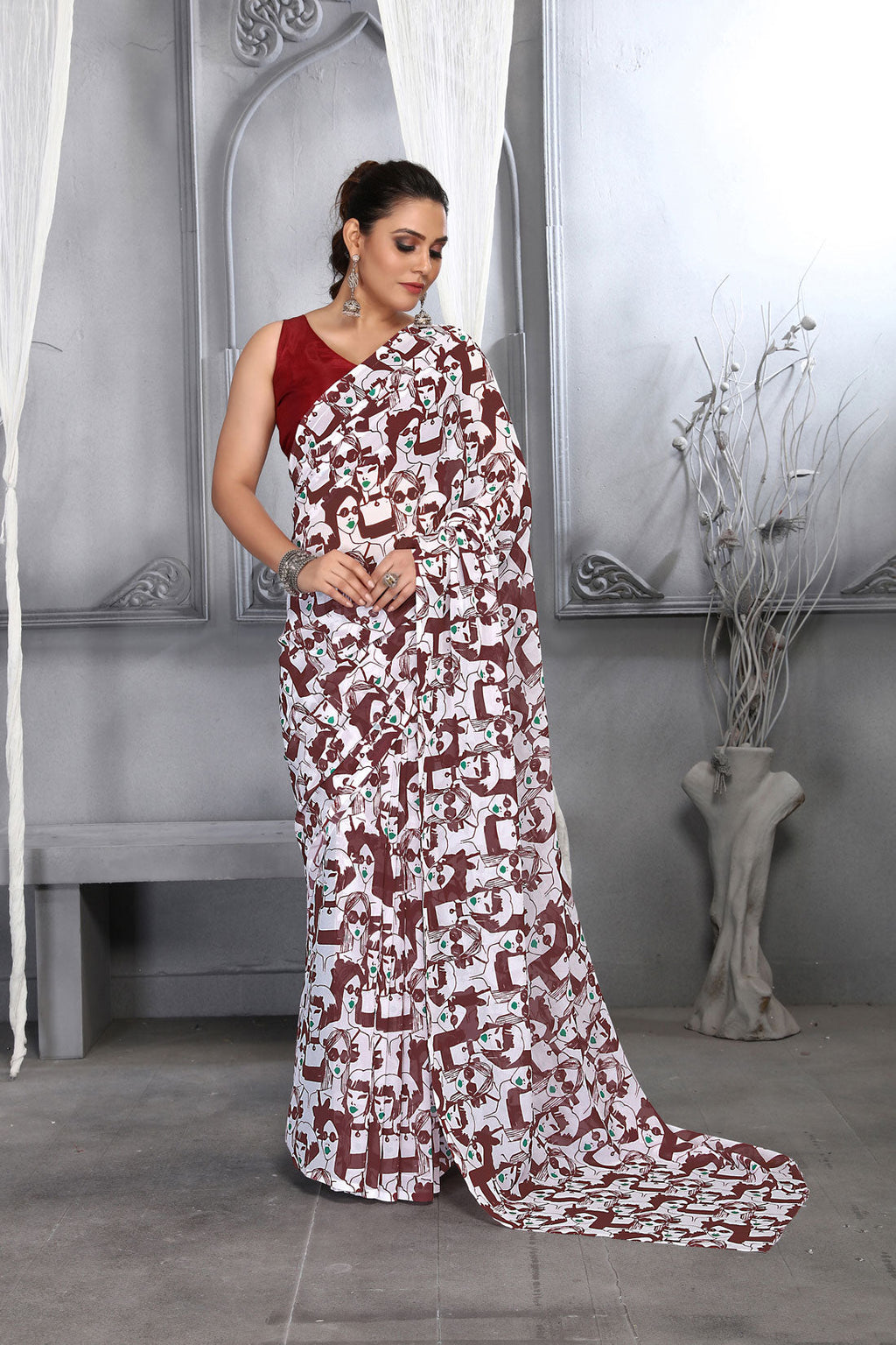 Jyoti Fashion Women's Maroon Faux Georgette Digital Printed Designer Saree with Blouse | Grocsy