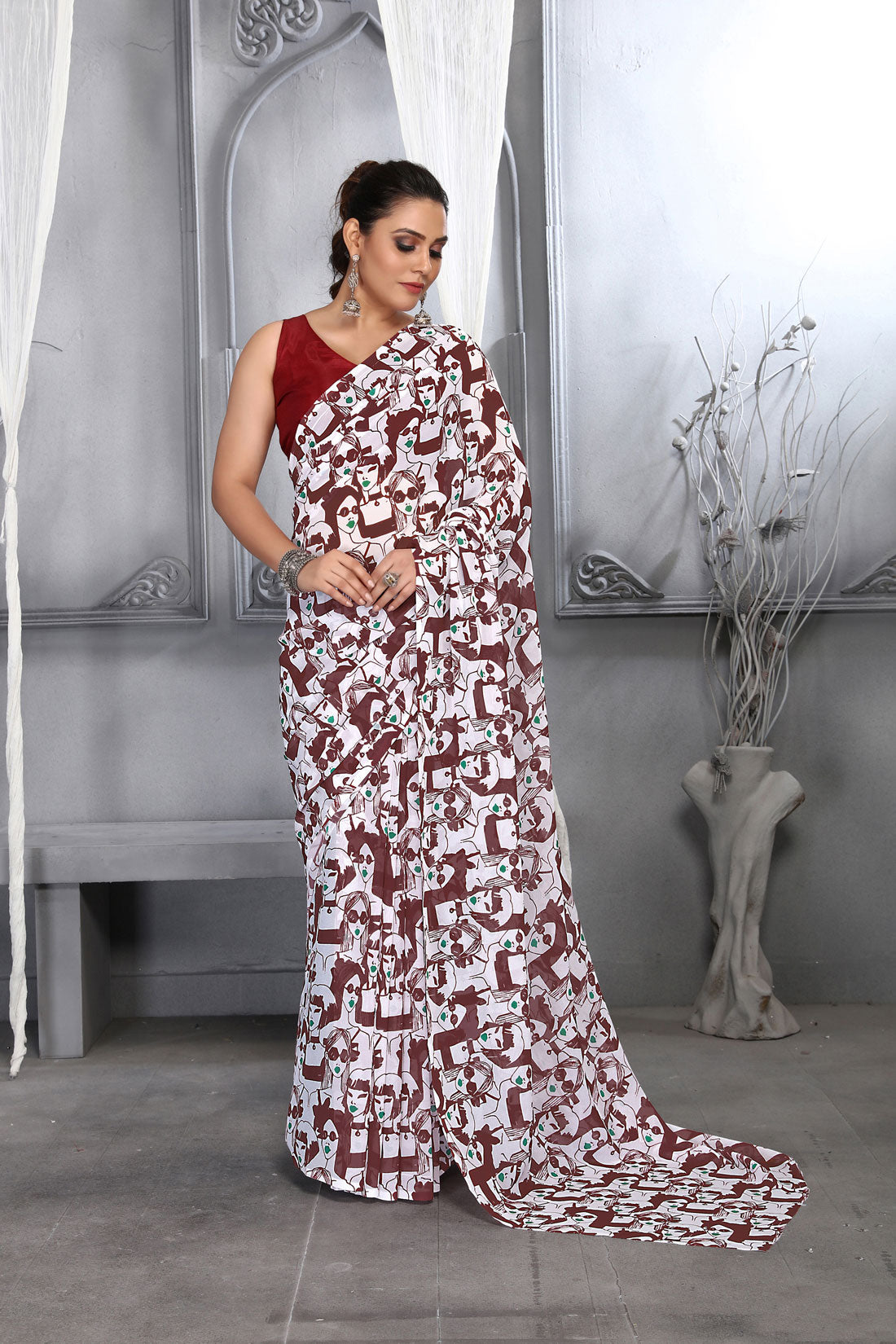 Jyoti Fashion Women's Maroon Faux Georgette Digital Printed Designer Saree with Blouse | Grocsy