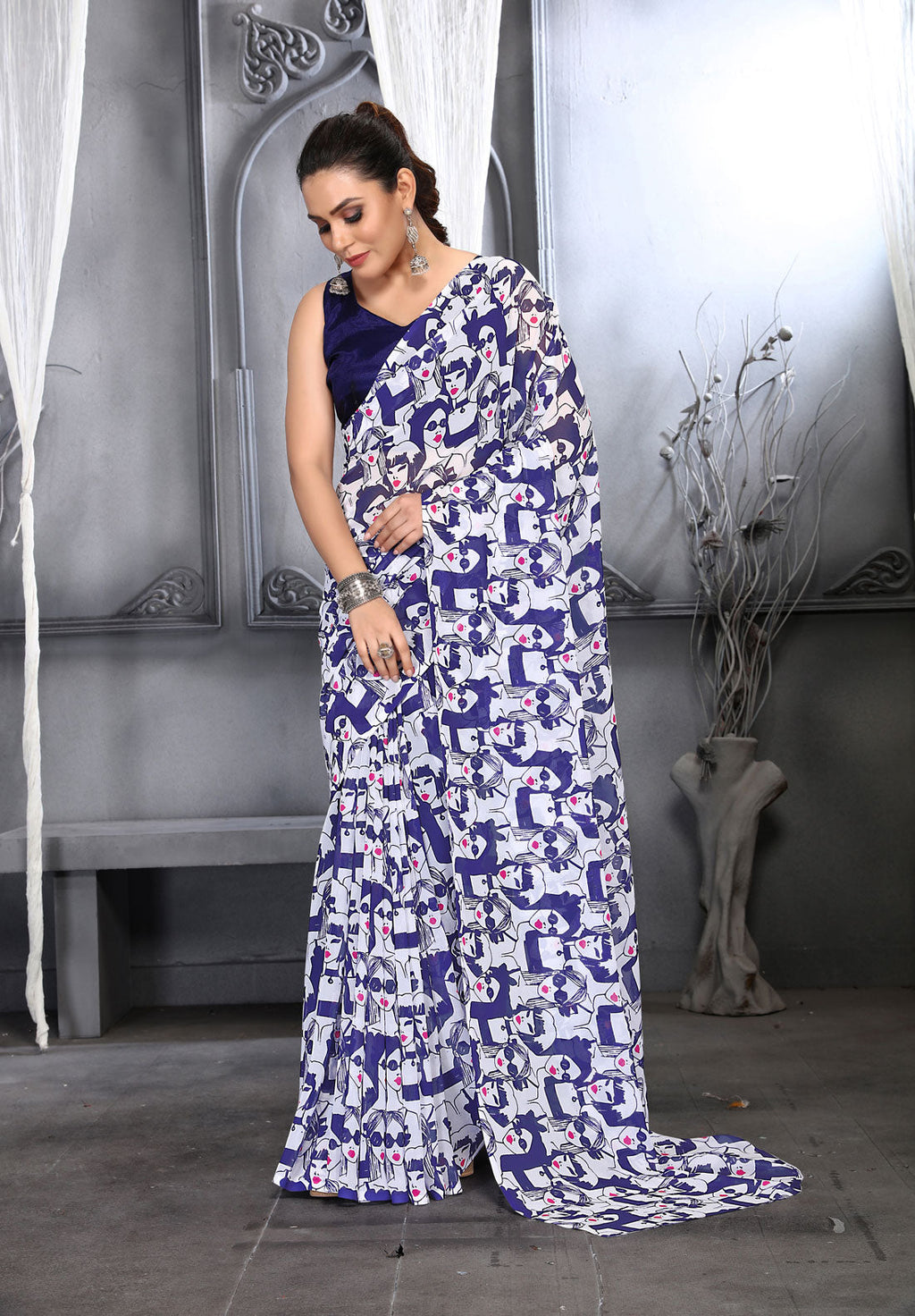 Jyoti Fashion Women's Navy Blue Faux Georgette Digital Printed Designer Saree with Blouse | Grocsy