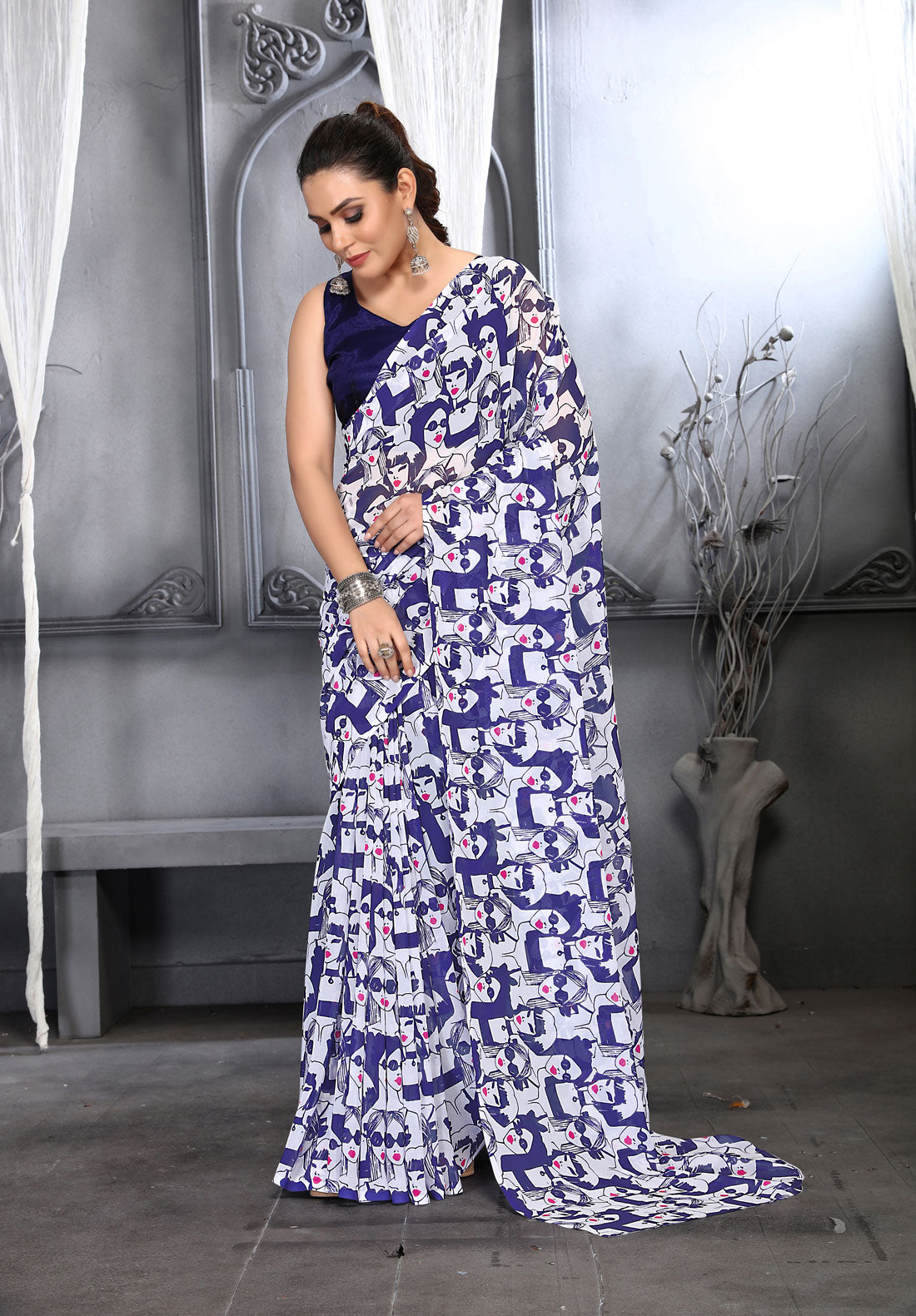 Jyoti Fashion Women's Navy Blue Faux Georgette Digital Printed Designer Saree with Blouse | Grocsy