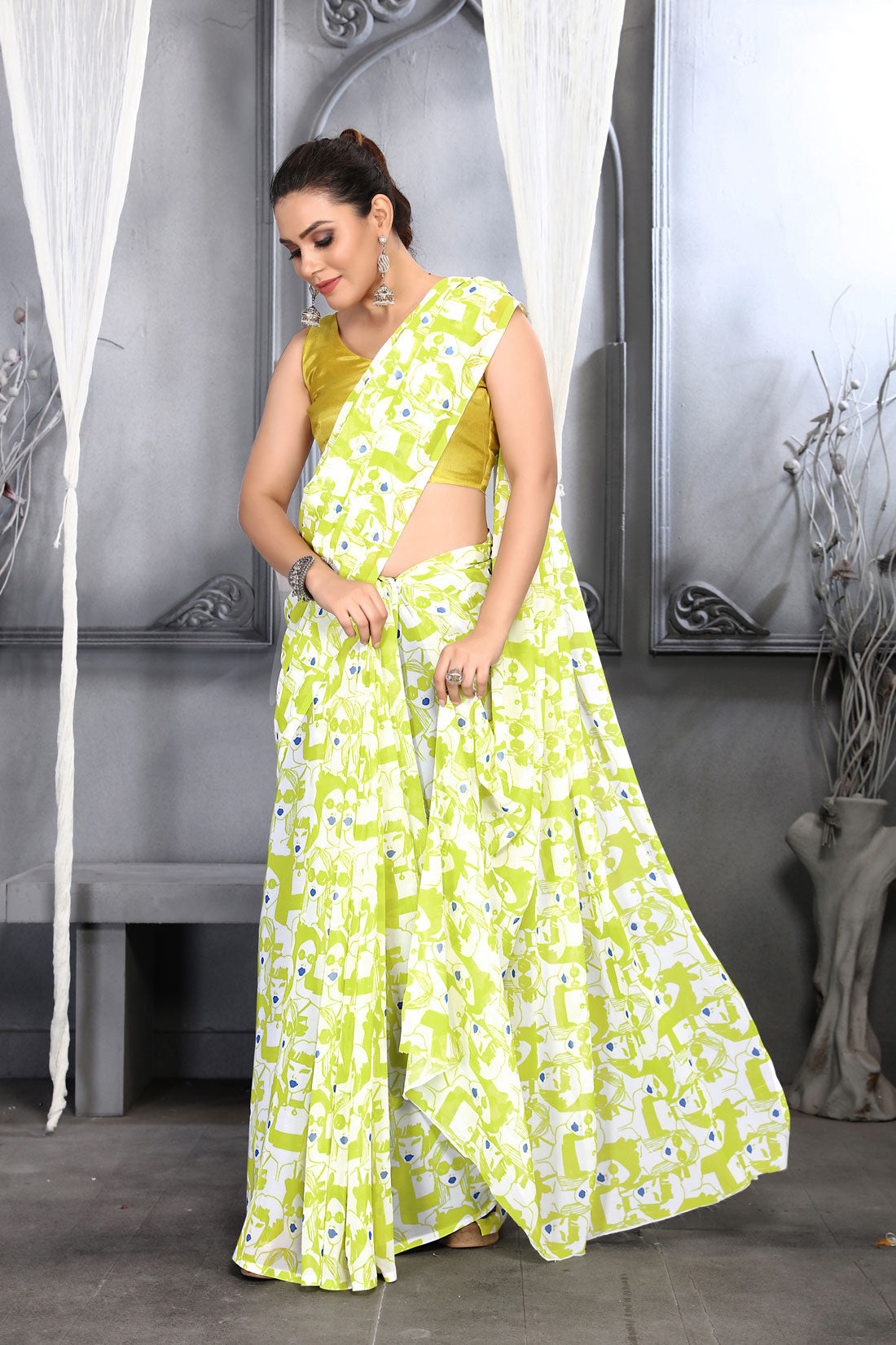 Jyoti Fashion Women's Lemon Yellow Faux Georgette Digital Printed Designer Saree with Blouse | Grocsy