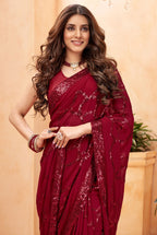 Jyoti Fashion Women's Maroon Faux Blooming Sequins Work Designer Saree with Blouse | Grocsy