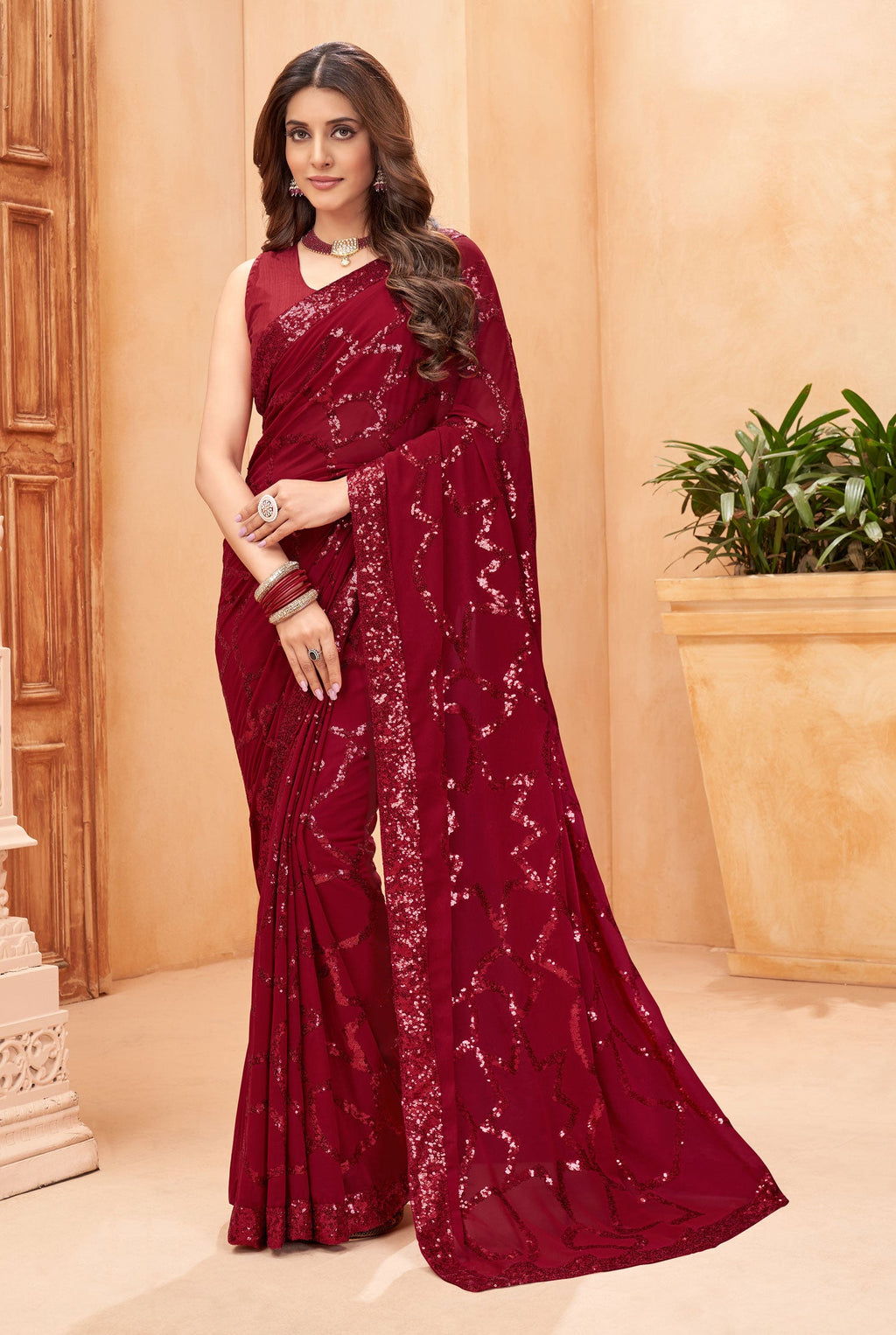 Jyoti Fashion Women's Maroon Faux Blooming Sequins Work Designer Saree with Blouse | Grocsy