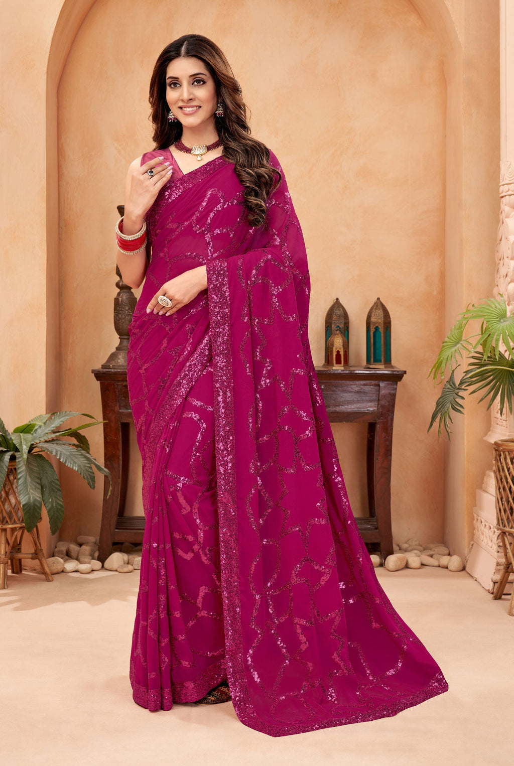 Jyoti Fashion Women's Pink Faux Blooming Sequins Work Designer Saree with Blouse | Grocsy