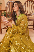 Jyoti Fashion Women's Olive Green Faux Blooming Sequins Work Designer Saree with Blouse | Grocsy