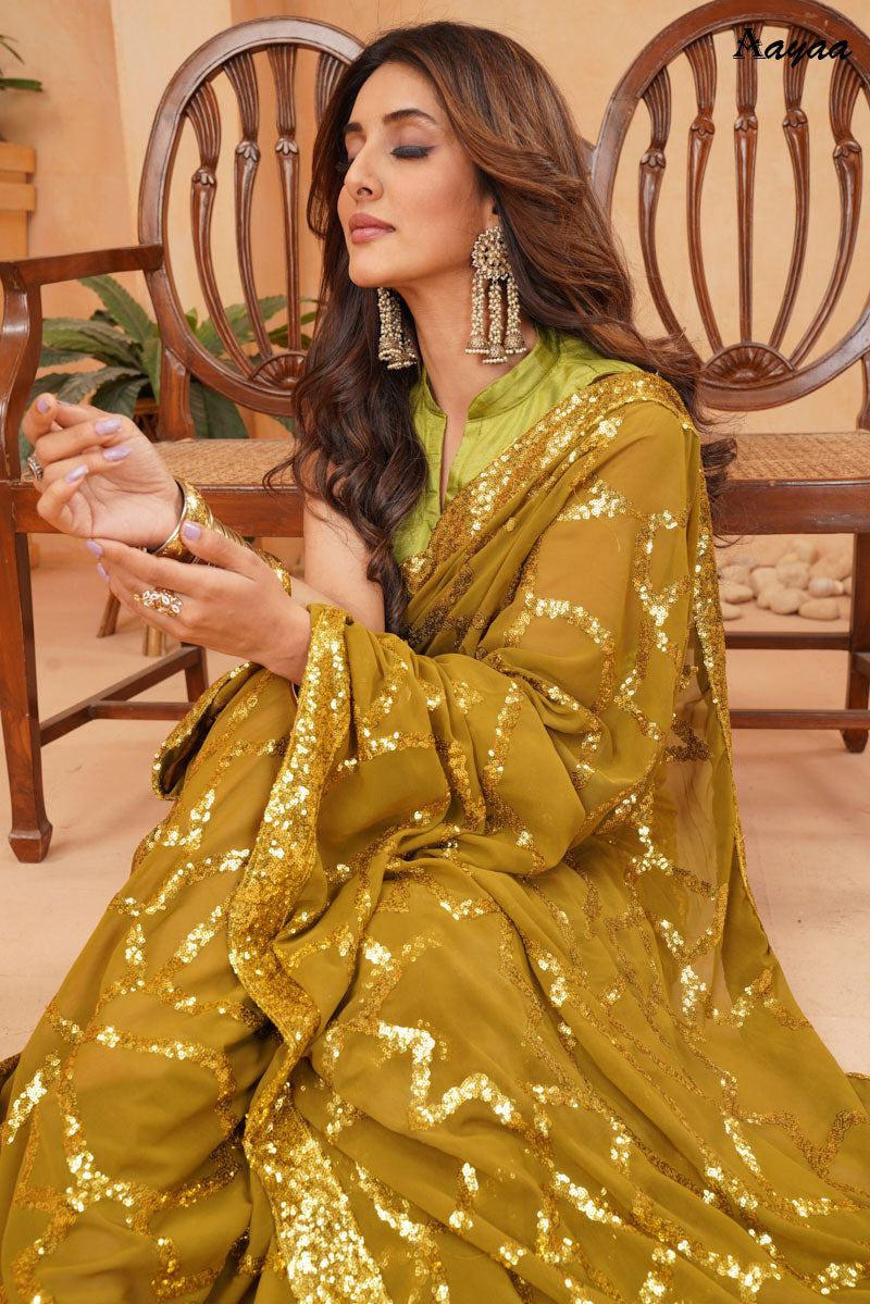 Jyoti Fashion Women's Olive Green Faux Blooming Sequins Work Designer Saree with Blouse | Grocsy