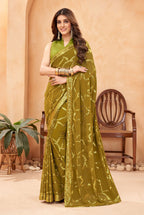 Jyoti Fashion Women's Olive Green Faux Blooming Sequins Work Designer Saree with Blouse | Grocsy