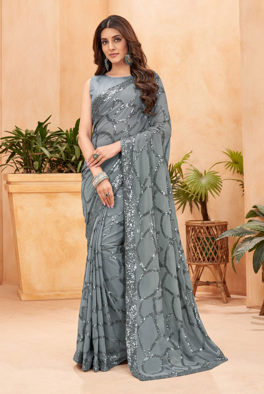 Jyoti Fashion Women's Grey Faux Blooming Sequins Work Designer Saree with Blouse | Grocsy