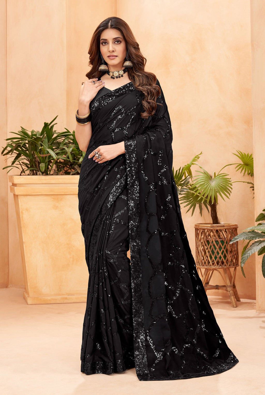 Jyoti Fashion Women's Black Faux Blooming Sequins Work Designer Saree with Blouse | Grocsy