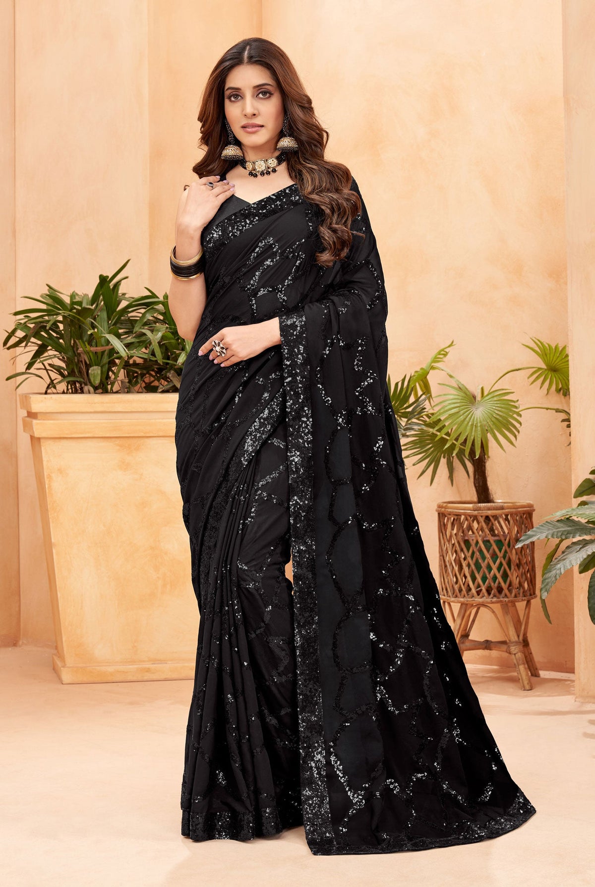 Jyoti Fashion Women's Black Faux Blooming Sequins Work Designer Saree with Blouse | Grocsy