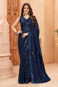 Jyoti Fashion Women's Navy Blue Faux Blooming Sequins Work Designer Saree with Blouse | Grocsy