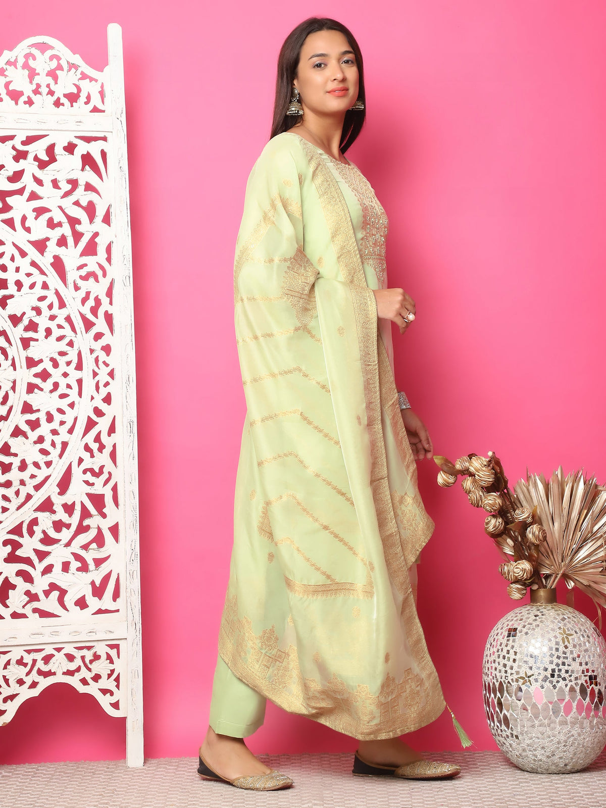 Jyoti Fashion Women's Pista Green Silk Jacquard Woven with Hand Work Salwar Suit Set | Grocsy