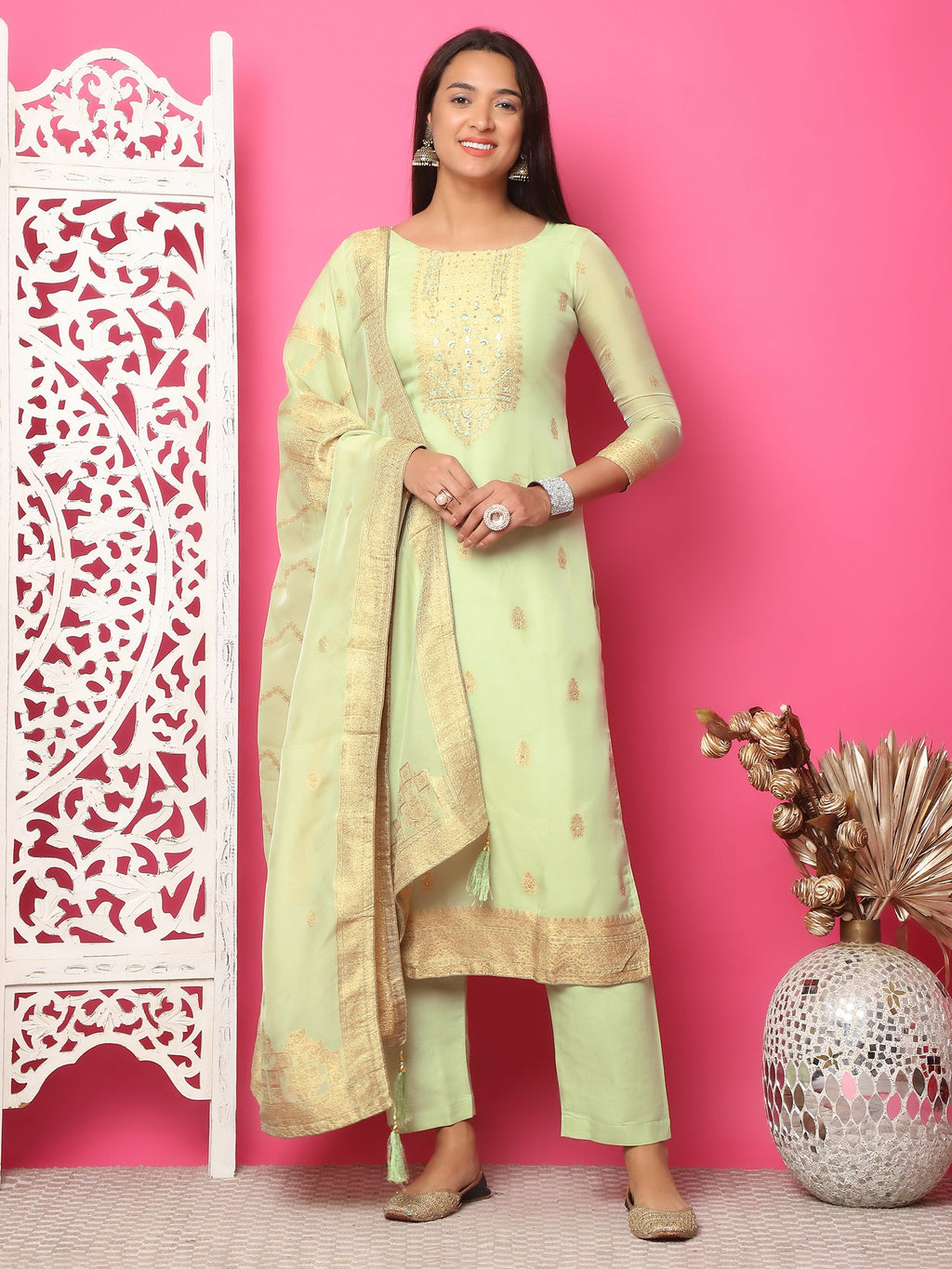 Jyoti Fashion Women's Pista Green Silk Jacquard Woven with Hand Work Salwar Suit Set | Grocsy