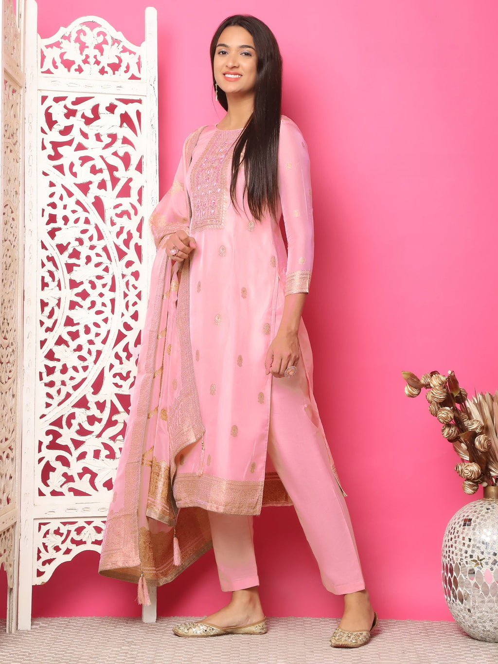 Jyoti Fashion Women's Pink Silk Jacquard Woven with Hand Work Salwar Suit Set | Grocsy