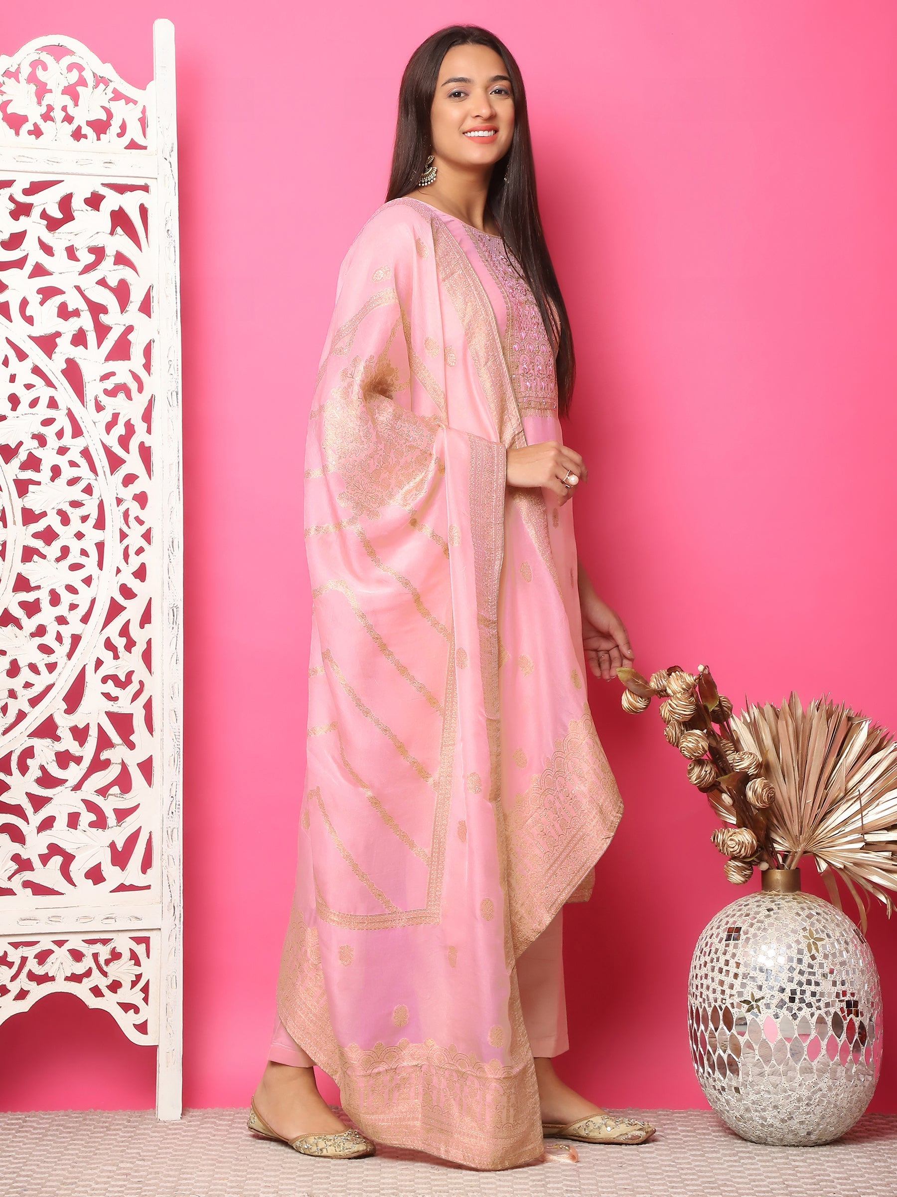 Jyoti Fashion Women's Pink Silk Jacquard Woven with Hand Work Salwar Suit Set | Grocsy