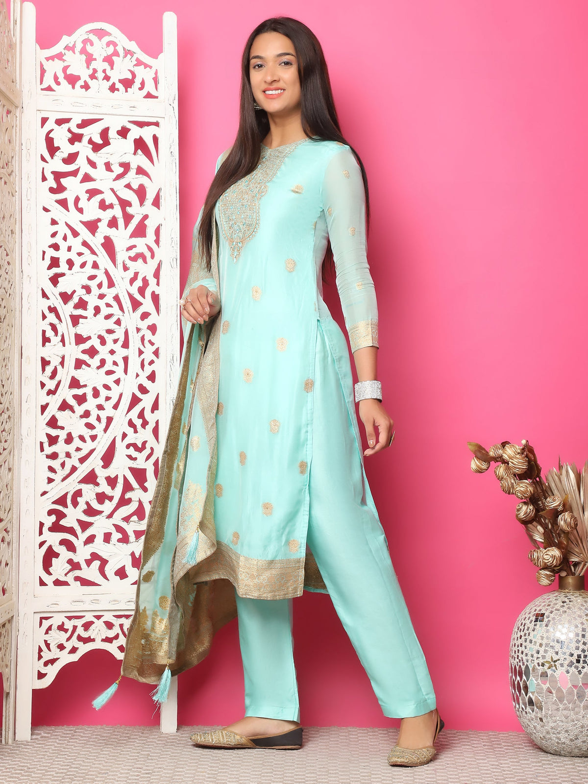 Jyoti Fashion Women's Turquoise Silk Jacquard Woven with Hand Work Salwar Suit Set | Grocsy