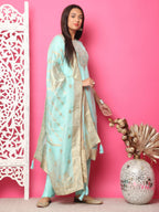 Jyoti Fashion Women's Turquoise Silk Jacquard Woven with Hand Work Salwar Suit Set | Grocsy