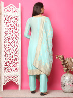 Jyoti Fashion Women's Turquoise Silk Jacquard Woven with Hand Work Salwar Suit Set | Grocsy