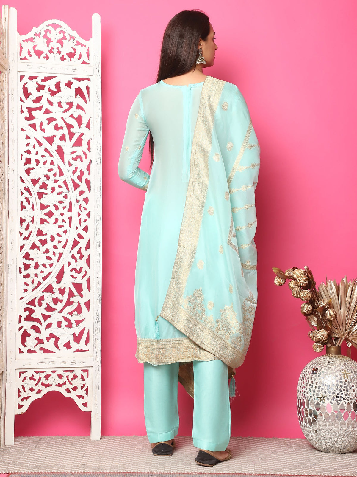 Jyoti Fashion Women's Turquoise Silk Jacquard Woven with Hand Work Salwar Suit Set | Grocsy