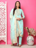 Jyoti Fashion Women's Turquoise Silk Jacquard Woven with Hand Work Salwar Suit Set | Grocsy