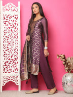 Jyoti Fashion Women's Violet Silk Jacquard Woven with Zari Work Salwar Suit Set | Grocsy
