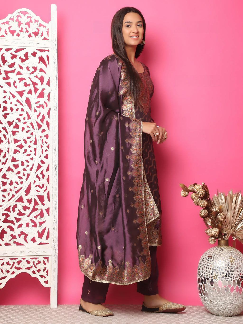Jyoti Fashion Women's Violet Silk Jacquard Woven with Zari Work Salwar Suit Set | Grocsy