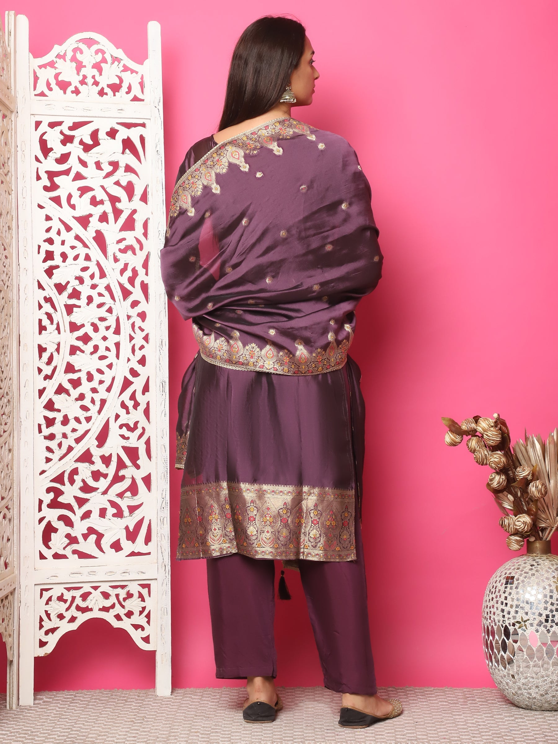 Jyoti Fashion Women's Violet Silk Jacquard Woven with Zari Work Salwar Suit Set | Grocsy