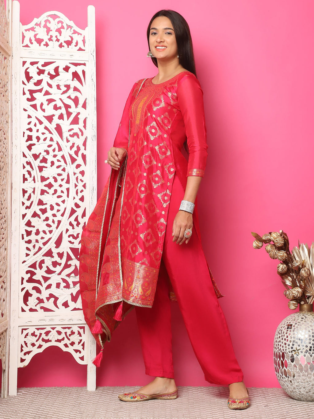 Jyoti Fashion Women's Red Silk Jacquard Woven with Zari Work Salwar Suit Set | Grocsy