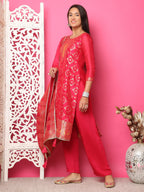 Jyoti Fashion Women's Red Silk Jacquard Woven with Zari Work Salwar Suit Set | Grocsy