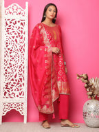 Jyoti Fashion Women's Red Silk Jacquard Woven with Zari Work Salwar Suit Set | Grocsy